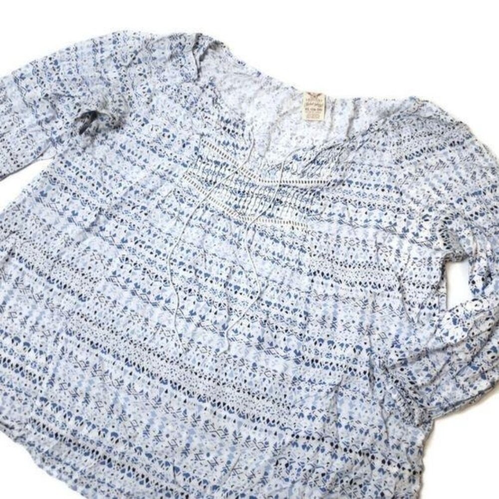 Faded Glory Womens XL Blouse Blue White Floral Print Long Sleeve shirt
